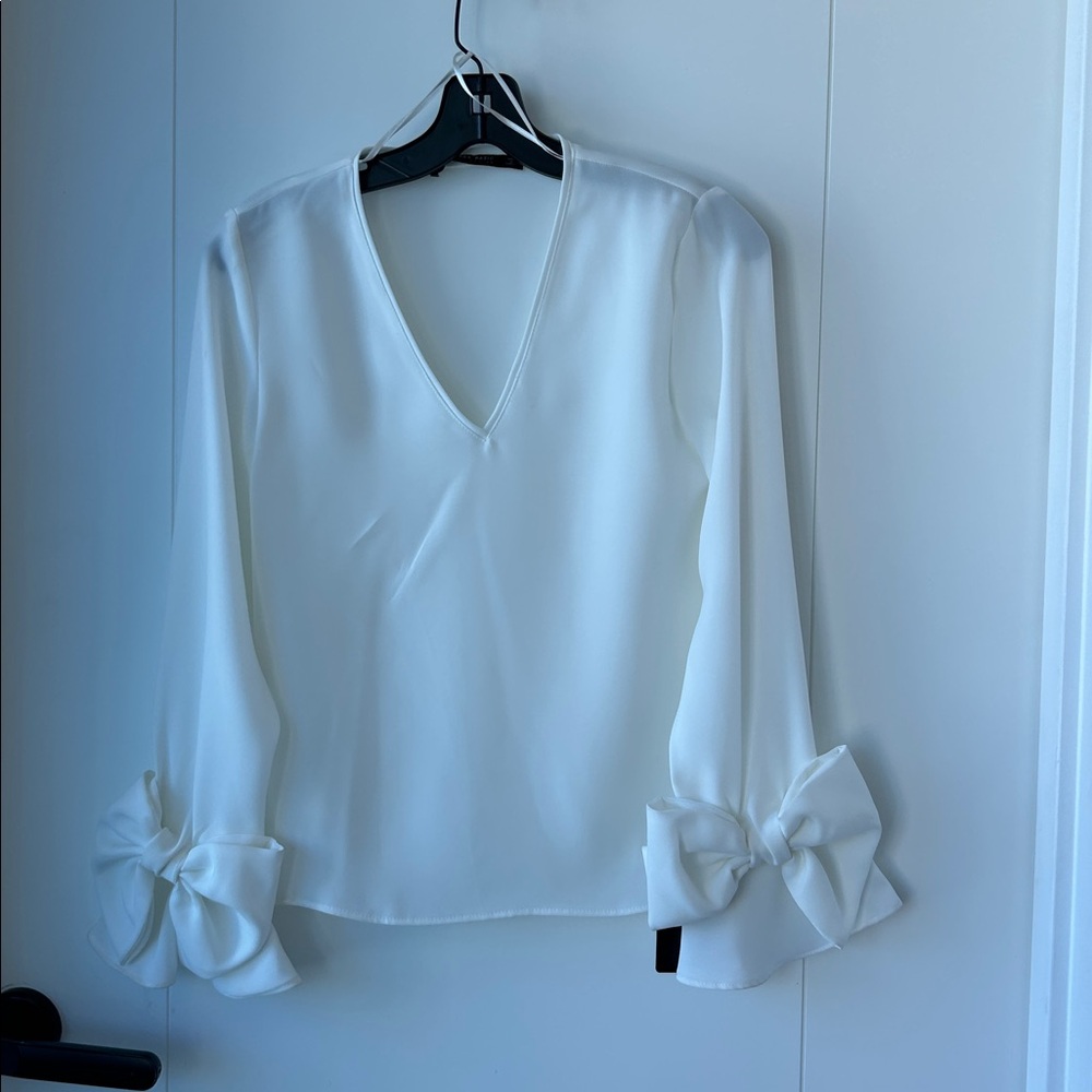 **NWT** White V Neck Blouse w/ bow detail